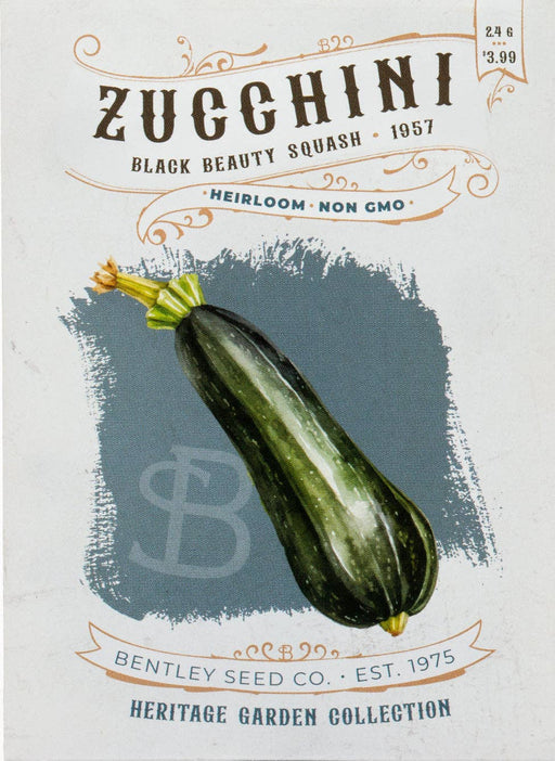 Bentley Seed Co. - Zucchini-Black Beauty Squash 1957 heirloom seed packet, featuring dark green zucchini image, ideal for prolific garden harvests.