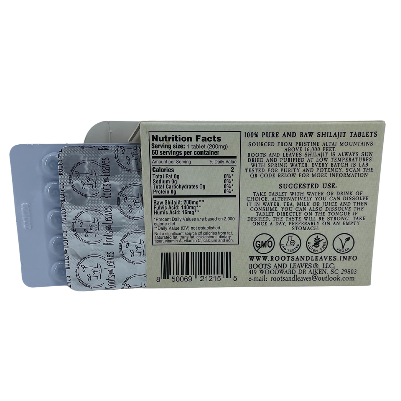 Roots And Leaves - Pure Shilajit Tablets 60ct, showcasing nutrition facts, active components, suggested use, and certifications on a blister-pack backing.