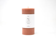 Mo&Co Home - 100% Beeswax Pillar Candle in Terra Cotta, 3x6 Inch, with a clean white label, showcased in a close-up.