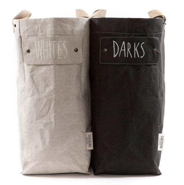 UASHMAMA Laundry Bag Hampers - Cachemire, a lightweight, stylish bag with white text, made from washable paper, ideal for organizing and transporting laundry.