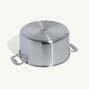 8QT Made In Stainless Steel Stock Pot, viewed upside down, shows base with “Made in Italy” imprint and side handles, highlighting its durable, efficient design.