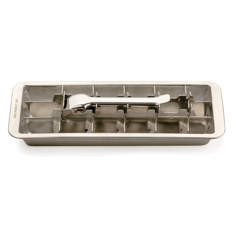 RSVP | Ice Cube Tray: Stainless steel tray with lever mechanism for easy ice removal, inspired by 1950s design, ideal for cocktail bars.