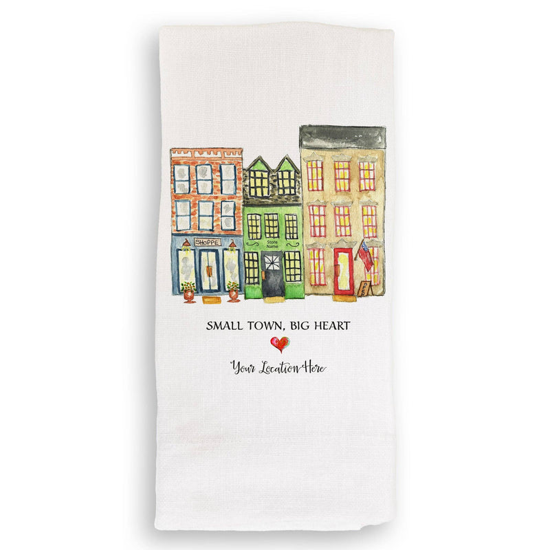 French Graffiti | Small Town Big Heart White Guest Towel, featuring a watercolor shop design, perfect for adding elegance to any kitchen or gifting occasion.