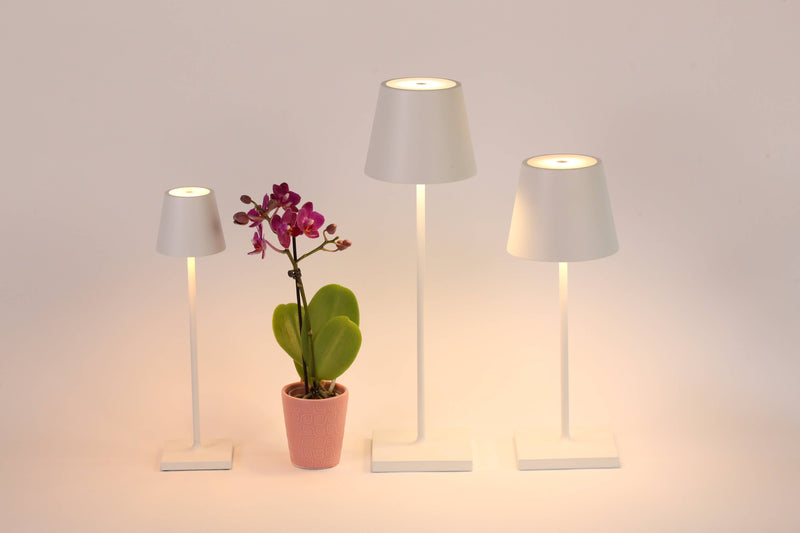 Zafferano America - Poldina Pro Micro Cordless Lamp: Sand, shown with a modern design, featuring touch-dimming and a charging base, surrounded by indoor plants.