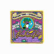 Fishwife - Albacore Tuna with Spanish Lemon packaging featuring a stylized woman, sustainable sourcing banners, and artisanal details, emphasizing Spanish olive oil and lemon flavor.