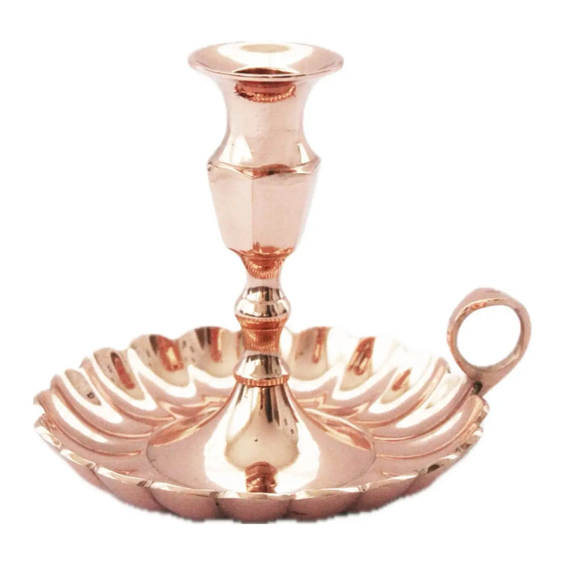 Vintage-style copper chamber candlestick holder by Coppermill Kitchen, featuring a shallow drip dish and looped handle, ideal for adding classic charm to your kitchen.
