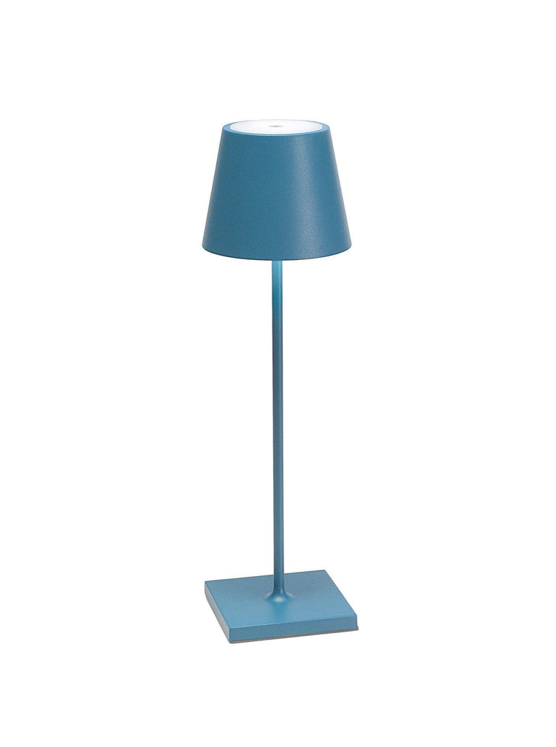Zafferano America - Poldina Pro Cordless Lamp: Rust, featuring a sleek teal-blue design with a conical shade and touch-dimmable LED, ideal for modern kitchen settings.