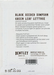 Bentley Seed Co. - Lettuce-Black Seed Simpsons Curled 1885 packet, showcasing heirloom lettuce ideal for fresh salads, with planting instructions and non-GMO certification.