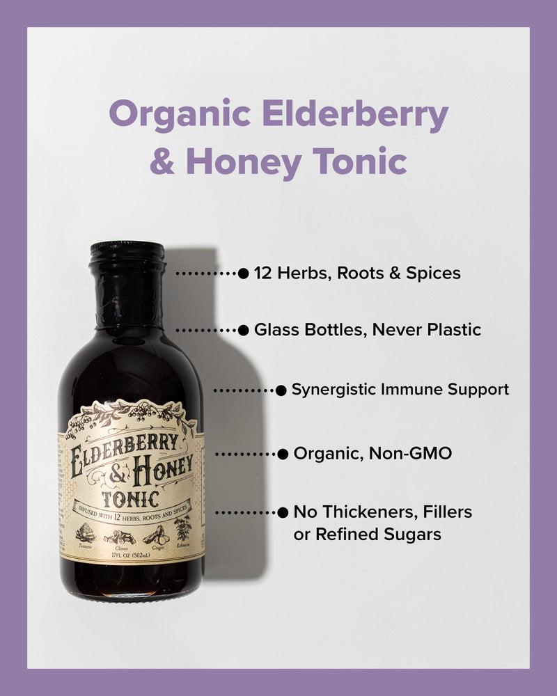 Roots And Leaves - Elderberry & Honey Tonic, 16 oz glass bottle, featuring a herbalist blend for enhanced immune support, available at Athens Cooks kitchen store.