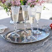 Arte Italica & Crown Linen Designs | Vintage Tray with Handles showcasing elegance with etched-glass champagne flutes, perfect for hosting, embodying timeless Italian craftsmanship.