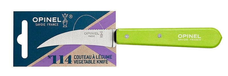 Opinel Essential Birdsbeak Vegetable Knife, featuring a 3-inch curved stainless steel blade and green handle, ideal for precise fruit and vegetable preparation.