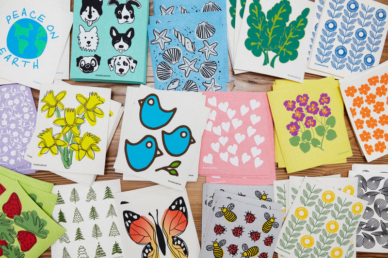 Three Bluebirds Swedish Dishcloths | Frosty Friends on Blue Swedish Dishcloth