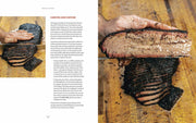 Franklin Smoke cookbook spread: right page shows hand holding smoked brisket slice; left page offers brisket carving instructions.
