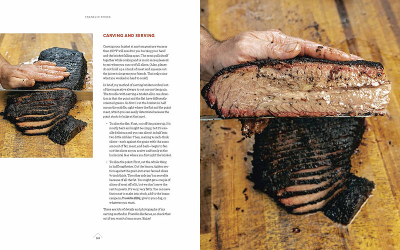 Franklin Smoke cookbook spread: right page shows hand holding smoked brisket slice; left page offers brisket carving instructions.