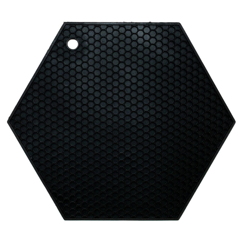 HotSpot | Honeycomb Silicone Trivet and Potholder, Black, featuring a hexagon shape with a honeycomb texture for grip, includes a hanging hole.
