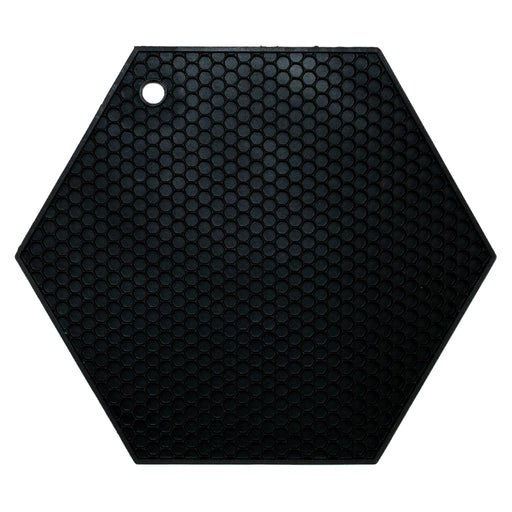 HotSpot | Honeycomb Silicone Trivet and Potholder, Black, featuring a hexagon shape with a honeycomb texture for grip, includes a hanging hole.