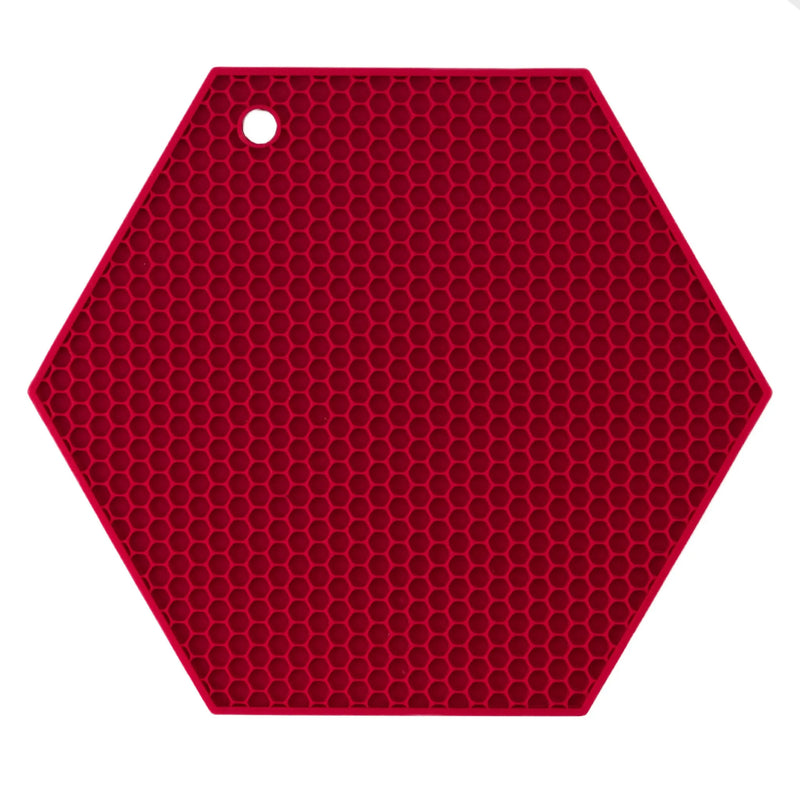 HotSpot | Honeycomb Silicone Trivet and Potholder in red, hexagon shape, features a honeycomb pattern for grip and a hanging hole for kitchen convenience.