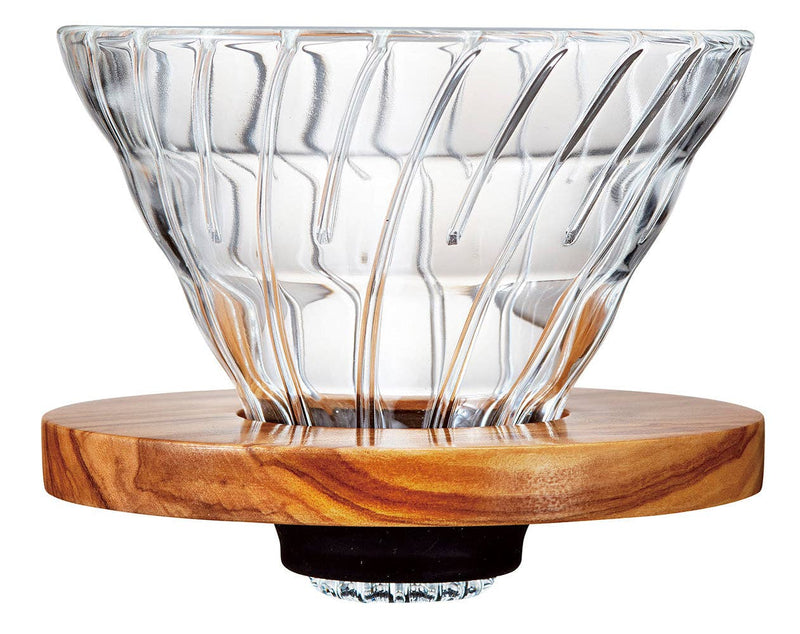 HARIO USA - HARIO V60 Glass Dripper 02: Olive Wood holder, clear glass cone for pour-over coffee, enhancing brewing with elegant wooden stand.