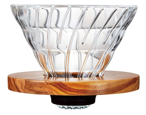 HARIO USA - HARIO V60 Glass Dripper 02: Olive Wood holder, clear glass cone for pour-over coffee, enhancing brewing with elegant wooden stand.