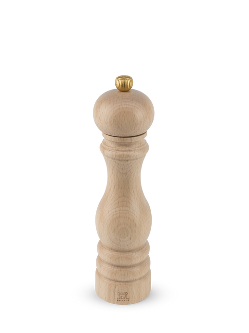 Peugeot | Paris Classic Salt Mill, Natural Wood, 9 inches, features a turned-wood design with a brass knob and iconic lion logo, embodying Peugeot’s superior craftsmanship.