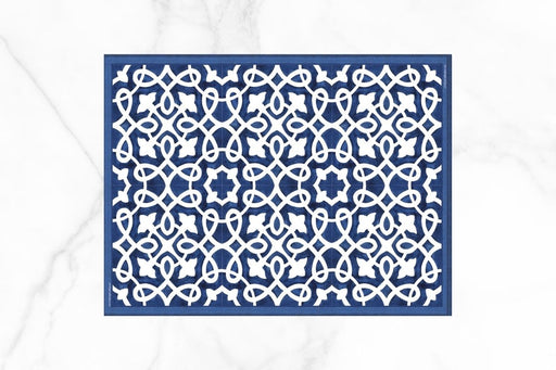 Etú HOME | Ortigia B Italian Rectangle Placemat - 17x13, featuring a stylish blue and white pattern, embodies Italian design with its durable, water-resistant vinyl material.