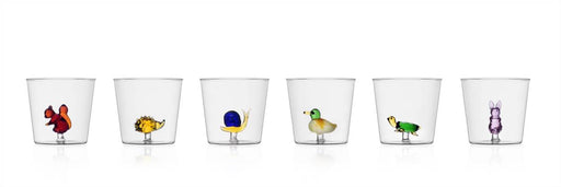 Six Ichendorf glass tumblers, each featuring a unique, colorful glass animal figure at the base, ideal for adding charm to any kitchen setting.