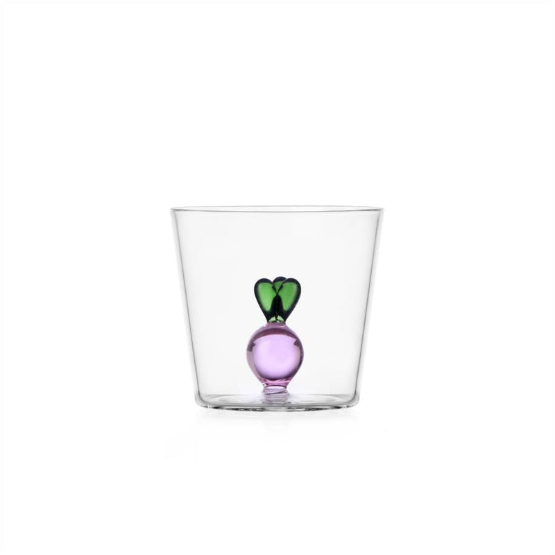 Ichendorf Radish Tumbler, 11.8oz, featuring a playful glass sculpture resembling a plant with a purple sphere and green leaf-like forms inside.