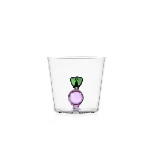 Ichendorf Radish Tumbler, 11.8oz, featuring a playful glass sculpture resembling a plant with a purple sphere and green leaf-like forms inside.