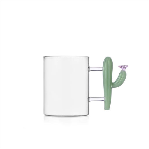 Ichendorf | Desert Plants Mug features a clear glass body with a sculpted matte green cactus handle, complete with a pink blossom, ideal for unique kitchen collections.