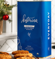 Kosterina - Organic Everyday Extra Virgin Olive Oil Tin (3L) next to cookies, emphasizing its use in healthy cooking and baking.