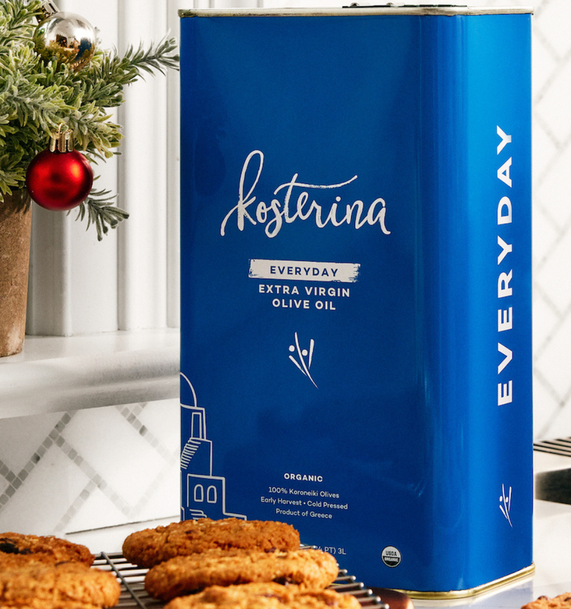 Kosterina - Organic Everyday Extra Virgin Olive Oil Tin (3L) next to cookies, emphasizing its use in healthy cooking and baking.