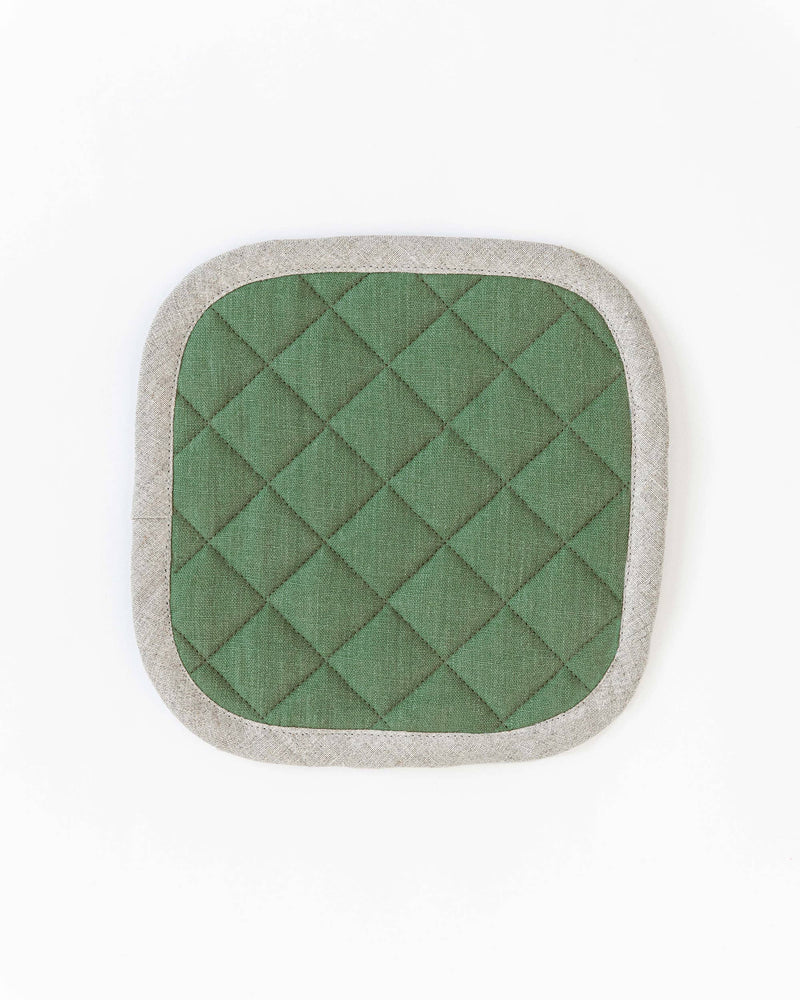 MagicLinen - Linen pot-holder in Forest green, featuring a quilted pattern and hanging loop, crafted from European flax for durability and heat protection.