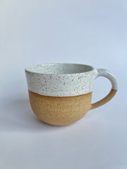 RachaelPots Jumbo Mug - Nude-Light Blue, hand-thrown with a thumb rest handle, ideal for coffee or soup. Crafted in Brooklyn, available at Athens Cooks.