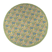 Round Jardin Blue & Vert tablecloth with a floral pattern, handprinted by artisans, 71 x 71 from Caravan Home, perfect for enhancing dining spaces with elegance.