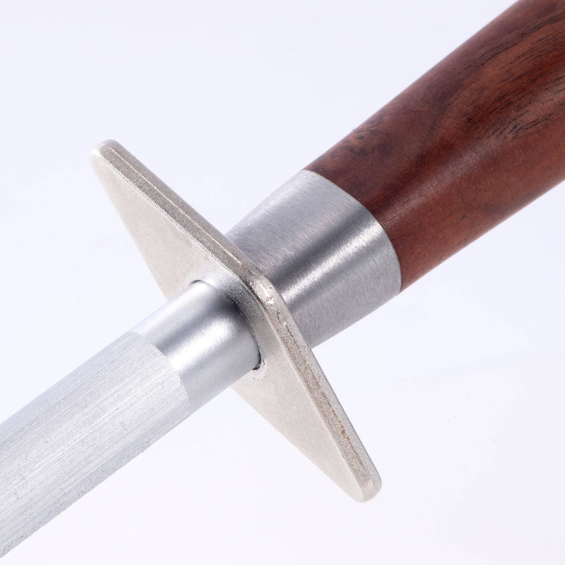 Messermeister | Royale Elite Honing Steel, 10 inches, featuring a wooden handle and metal guard, designed for precise knife edge maintenance.
