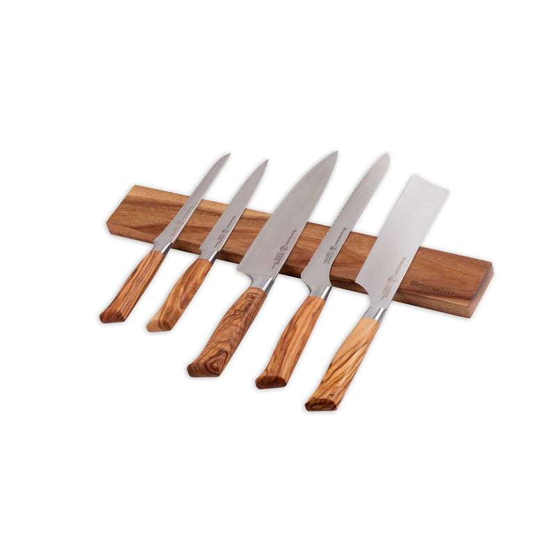 Messermeister | Acacia Magnetic Knife Rack displaying five knives with olive-wood handles on a sleek wooden strip, showcasing organized, stylish kitchen storage.