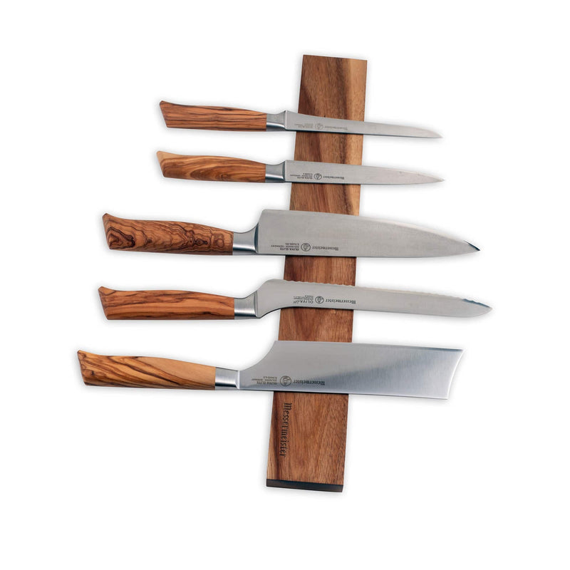 Messermeister | Acacia Magnetic Knife Rack displaying five knives with olive-wood handles, showcasing safe, stylish storage for kitchen tools.