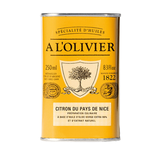 The French Farm - A L'Olivier Lemon From Nice Olive Oil 8.4oz tin, an extra-virgin olive oil with lemon extract, perfect for enhancing gourmet salads and marinades.