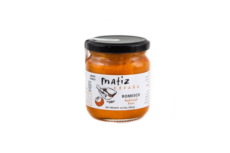 Matiz - Matiz Romesco - 6.5oz glass jar with black lid, featuring a traditional Spanish tomato-almond sauce, perfect for meats, seafood, and vegetables, from Athens Cooks.