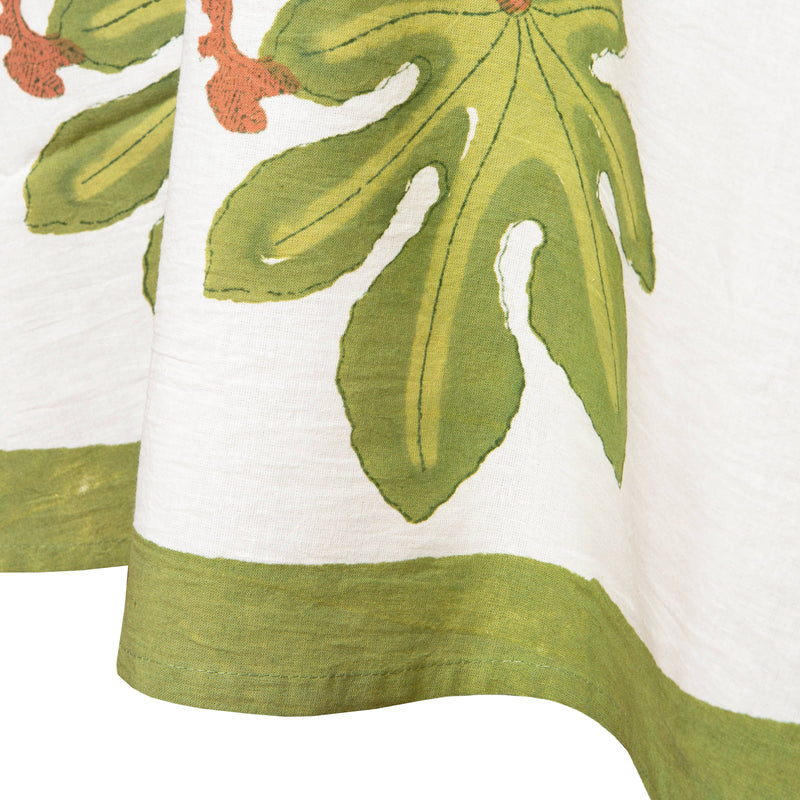 Couleur Nature - Fig Red & Green | French Tablecloths: 71 x 71 features a green leaf pattern on white fabric with an olive-green hem.