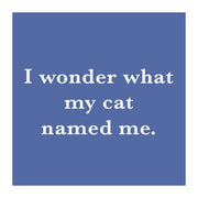 Drinks on Me coaster featuring the humorous text I wonder what my cat named me, perfect for adding a playful touch to any home bar decor.