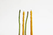 Artifaqt - Asparagus Beeswax Taper Candles (Pair): Green, molded from real asparagus, one candle lit among the group.