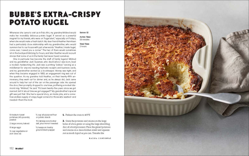 Penguin Random House LLC - Shabbat cookbook spread featuring Bubbe’s Extra-Crispy Potato Kugel recipe and photo, highlighting nostalgic family traditions and effortless, flavorful Shabbat cooking.