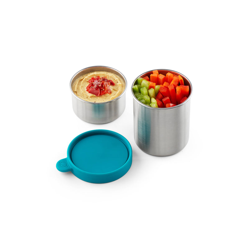 PlanetBox - TRAILHEAD DUO SNACK CONTAINER with stainless steel containers for hummus and veggies, featuring a teal silicone lid, perfect for on-the-go snacking.