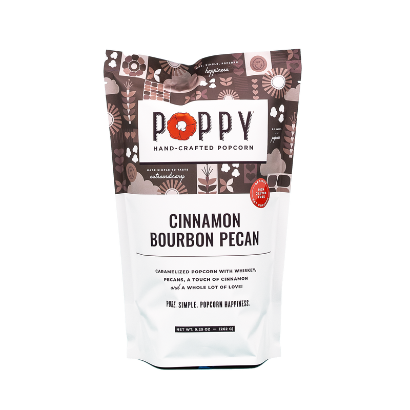 Poppy Hand-Crafted Popcorn - Cinnamon Bourbon Pecan Popcorn, featuring caramelized popcorn with whiskey, pecans, and cinnamon, 9.25 oz, gluten-free.