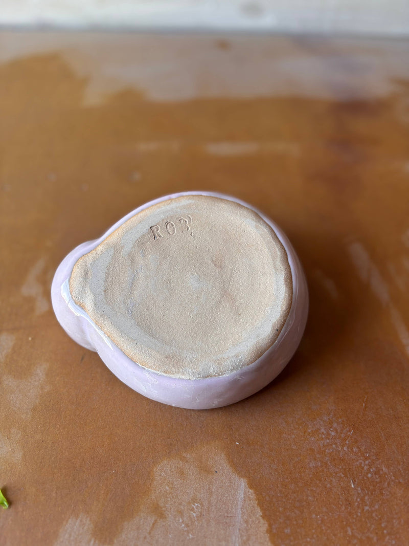 ROB Ceramics - Olive Serving Bowl Handmade: White, showing unglazed sandy-beige base with ROB mark, pale pink glazed sides, perfect for tidy entertaining.