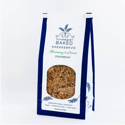 Norwegian Baked - Rosemary & Lemon Knekkebrød: 6 oz bag showcasing organic, vegan, seeded crispbread. Ideal for pairing with cheese or soups.