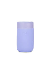 W&P - Reusable Ceramic Mug with a purple lid, designed for easy sipping and portability, featuring a durable ceramic build and soft-touch silicone sleeve.