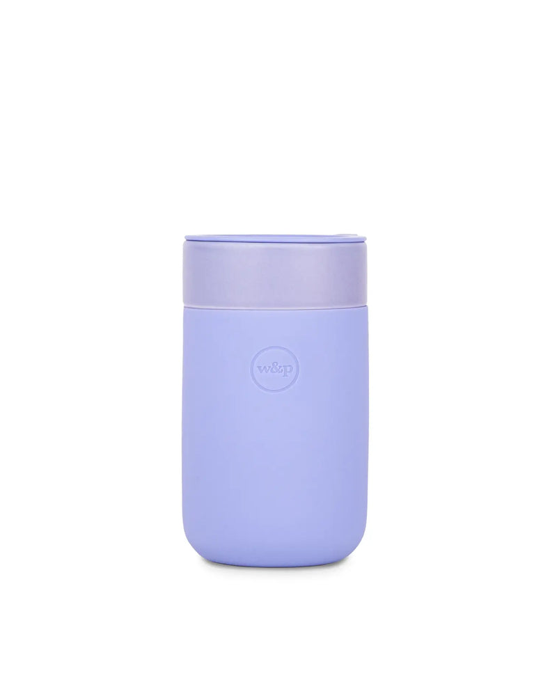 W&P - Reusable Ceramic Mug with a purple lid, designed for easy sipping and portability, featuring a durable ceramic build and soft-touch silicone sleeve.