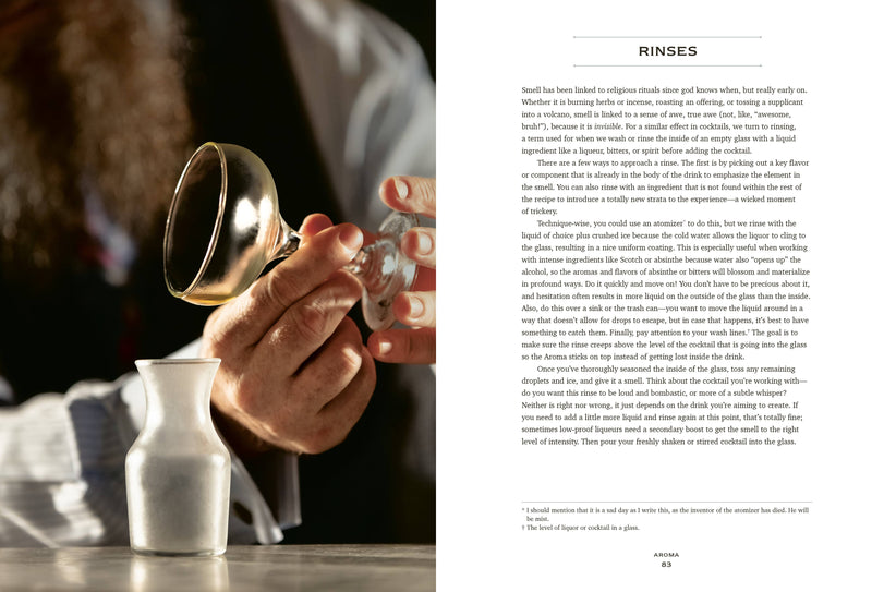 Pages from The Bartender's Manifesto showing a bartender rinsing a coupe glass, highlighting cocktail techniques and aromas.